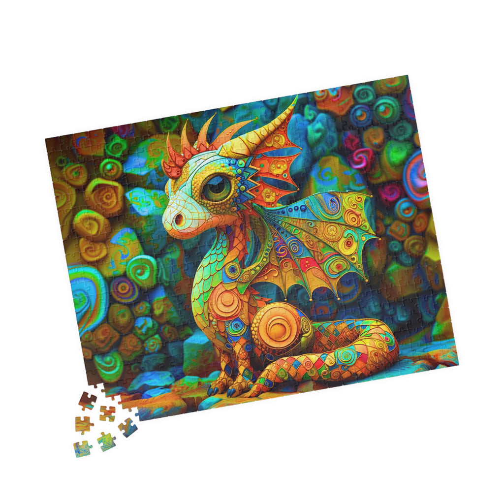 Partial view of the assembled Colorful Baby Dragon art puzzle by Printify, featuring the vibrant dragon with scattered puzzle pieces.