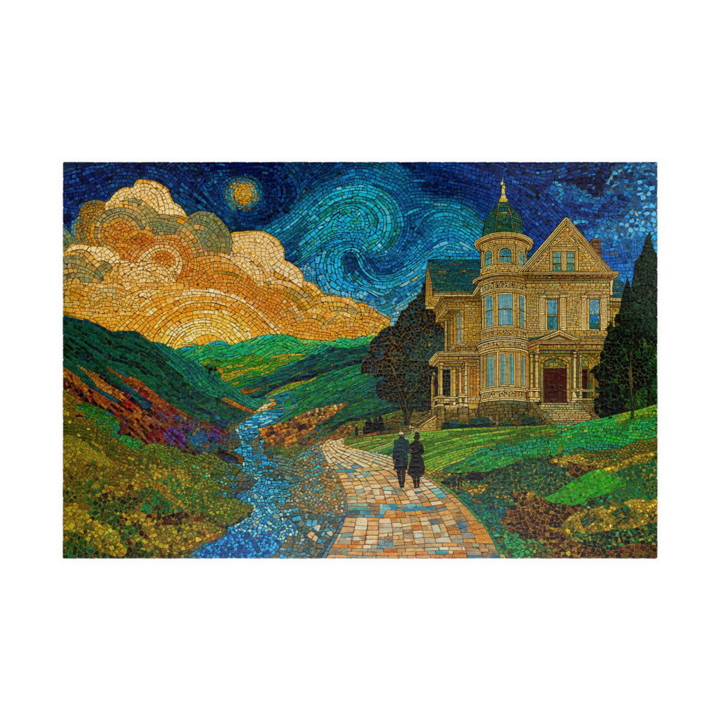 Mosaic Walk 1014 Piece Art Puzzle by Printify, showcasing a dreamlike landscape with a winding path, a grand countryside home, and flowing stone mosaic textures under swirling skies.