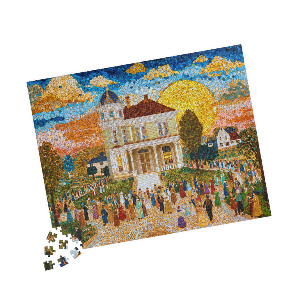 Partially completed Mosaic Town Square 520 Piece Art Puzzle by Printify, displaying intricate mosaic details and an elegant town square design with colorful characters.