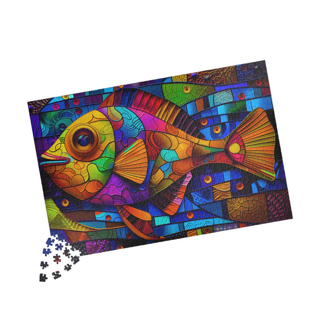 Mosaic Fish puzzle by Printify displayed with scattered pieces, highlighting the colorful geometric marine design ready for assembly.