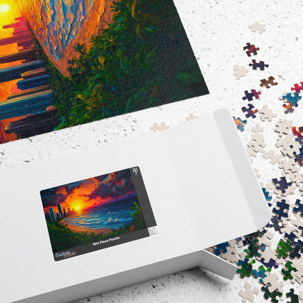 Swirling Sunset 1014 Piece Art Puzzle by Printify displayed in its box, with scattered pieces showcasing vibrant colors and a scenic design.