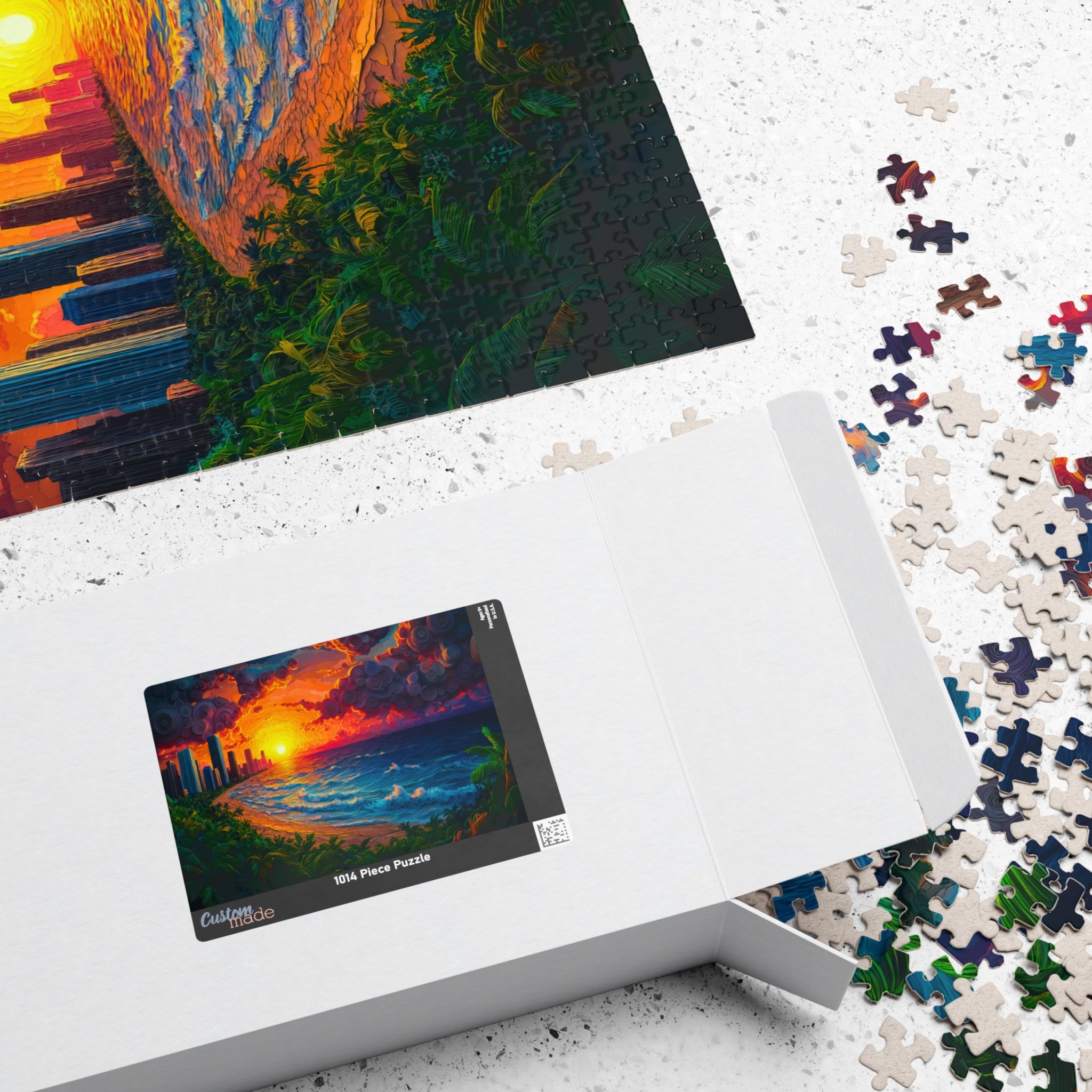 Swirling Sunset 1014 Piece Art Puzzle by Printify displayed in its box, with scattered pieces showcasing vibrant colors and a scenic design.