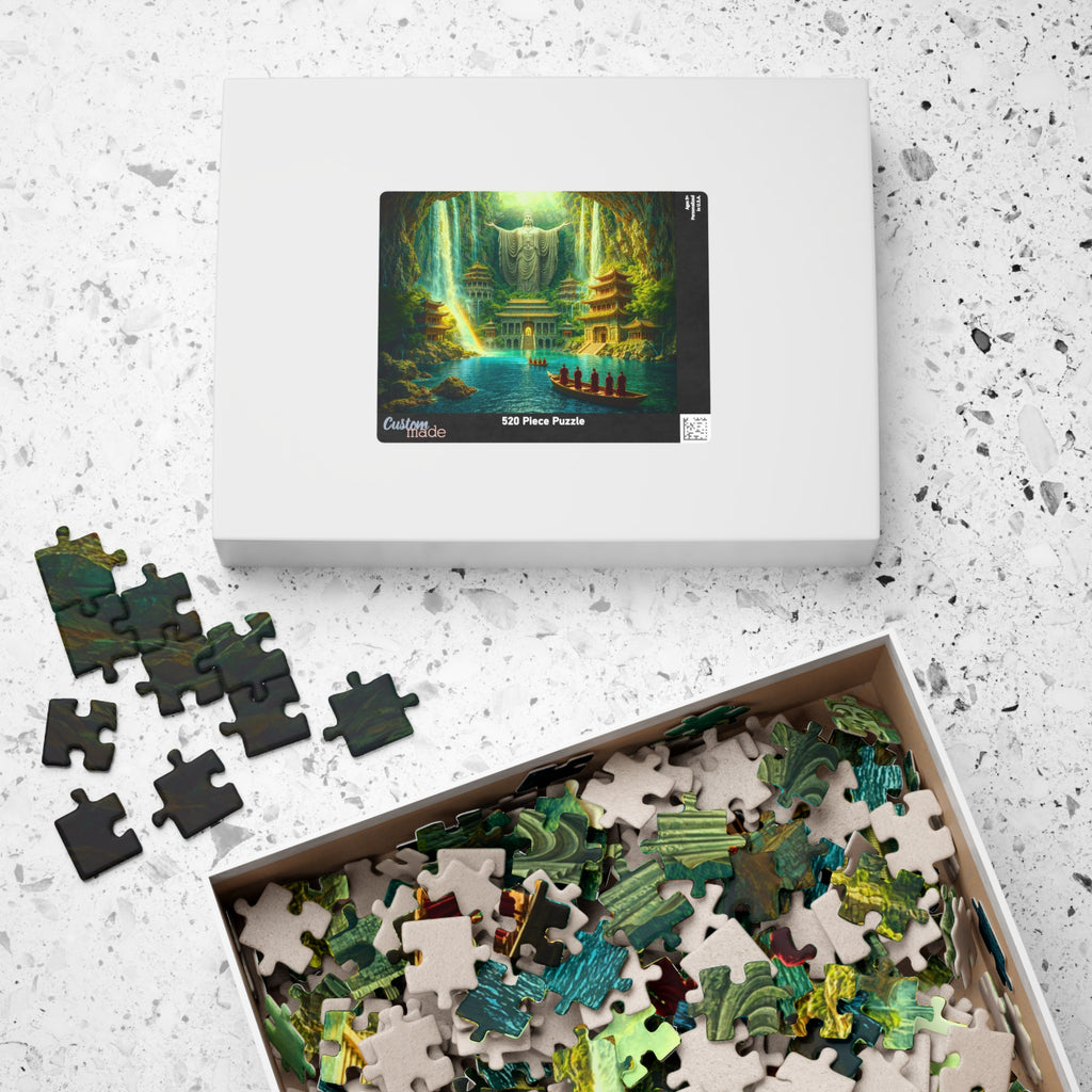 Cave Temple 520 Piece Art Puzzle box showcasing the mystical waterfall sanctuary design, filled with colorful jigsaw pieces, available from Printify.