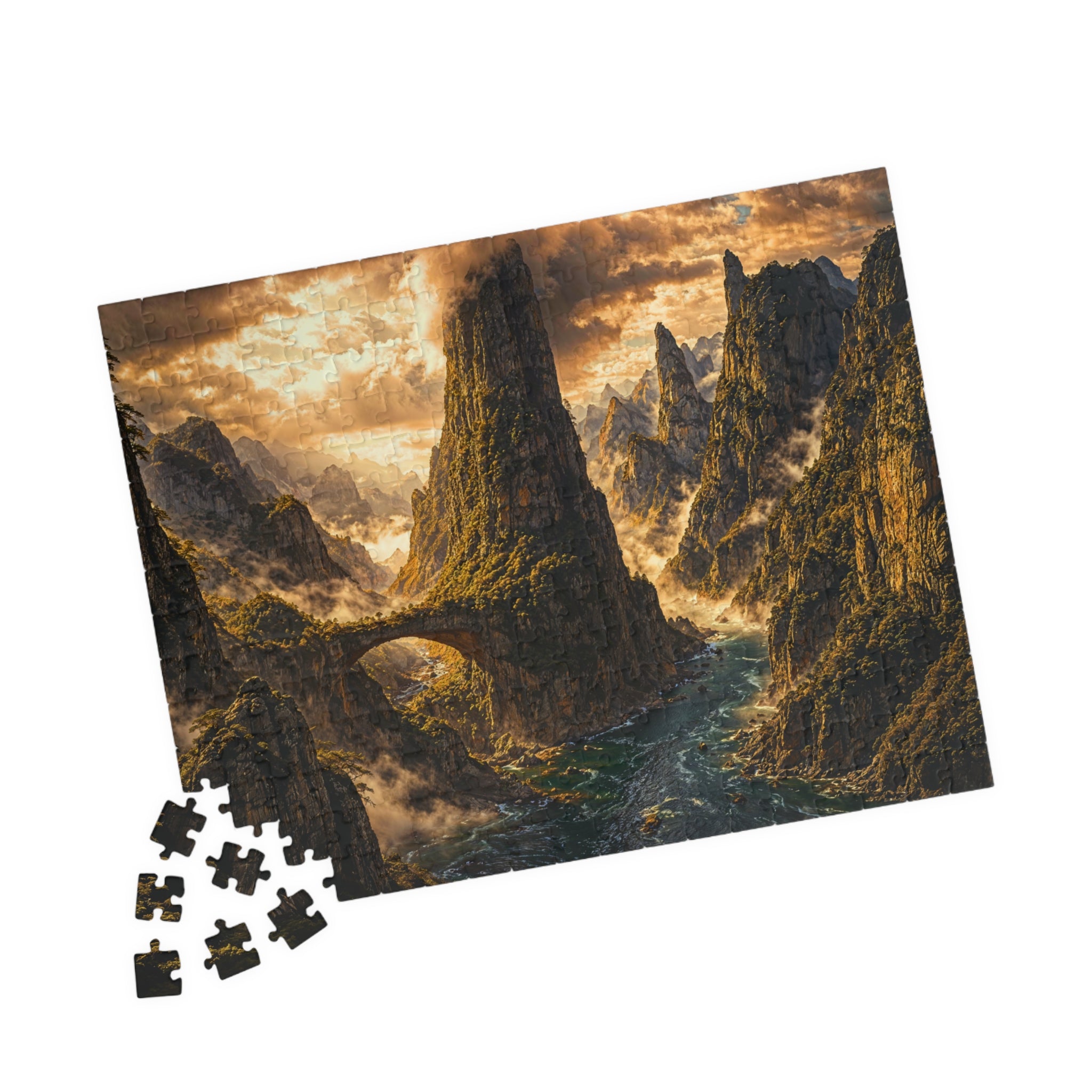A completed puzzle displaying a stunning landscape of mountains and a river, part of the Lost World 250 & 500 Piece Puzzle by Printify.