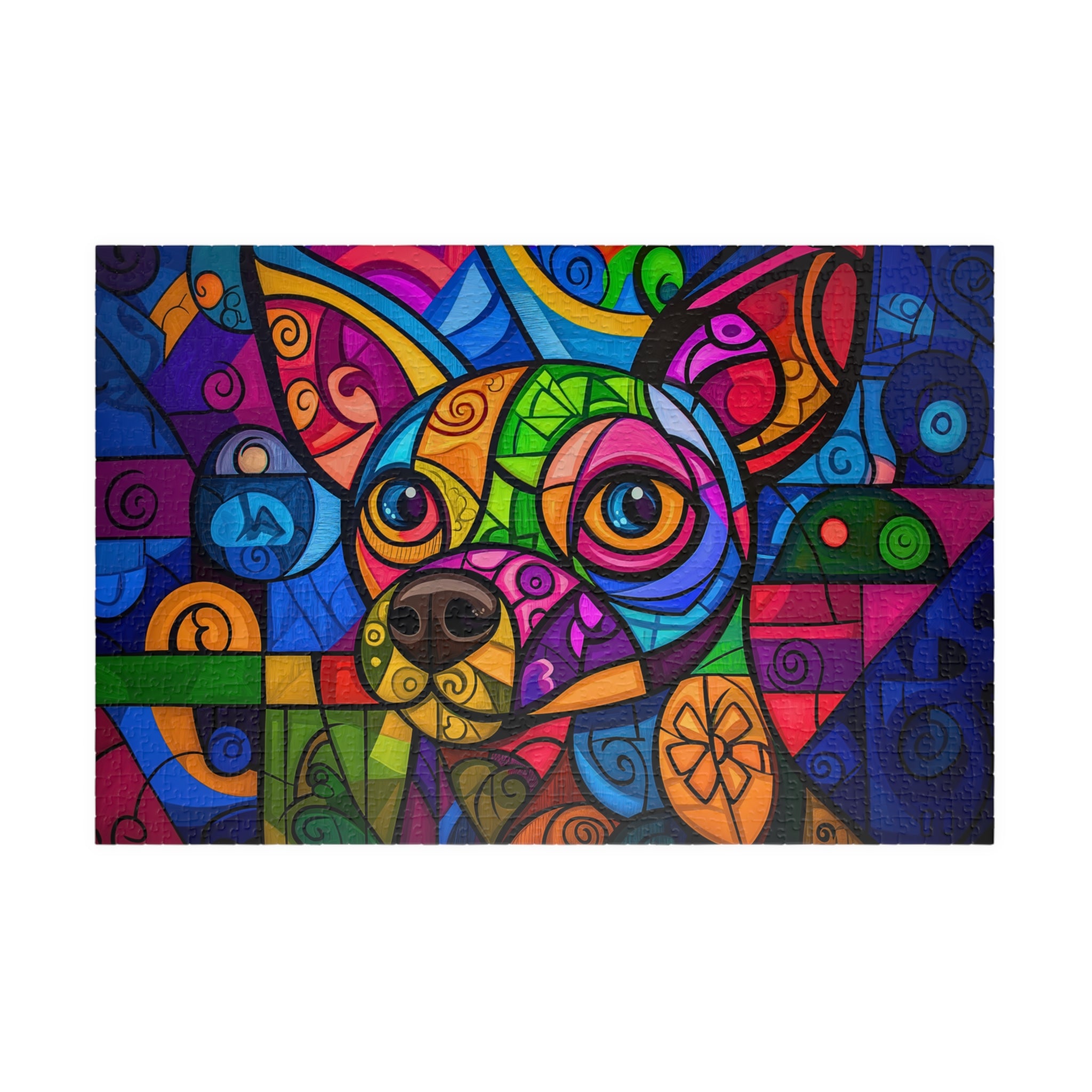 Colorful Puppy art puzzle by Printify featuring a vibrant abstract dog portrait made of colorful stained glass designs. Perfect for art enthusiasts and puzzle lovers.