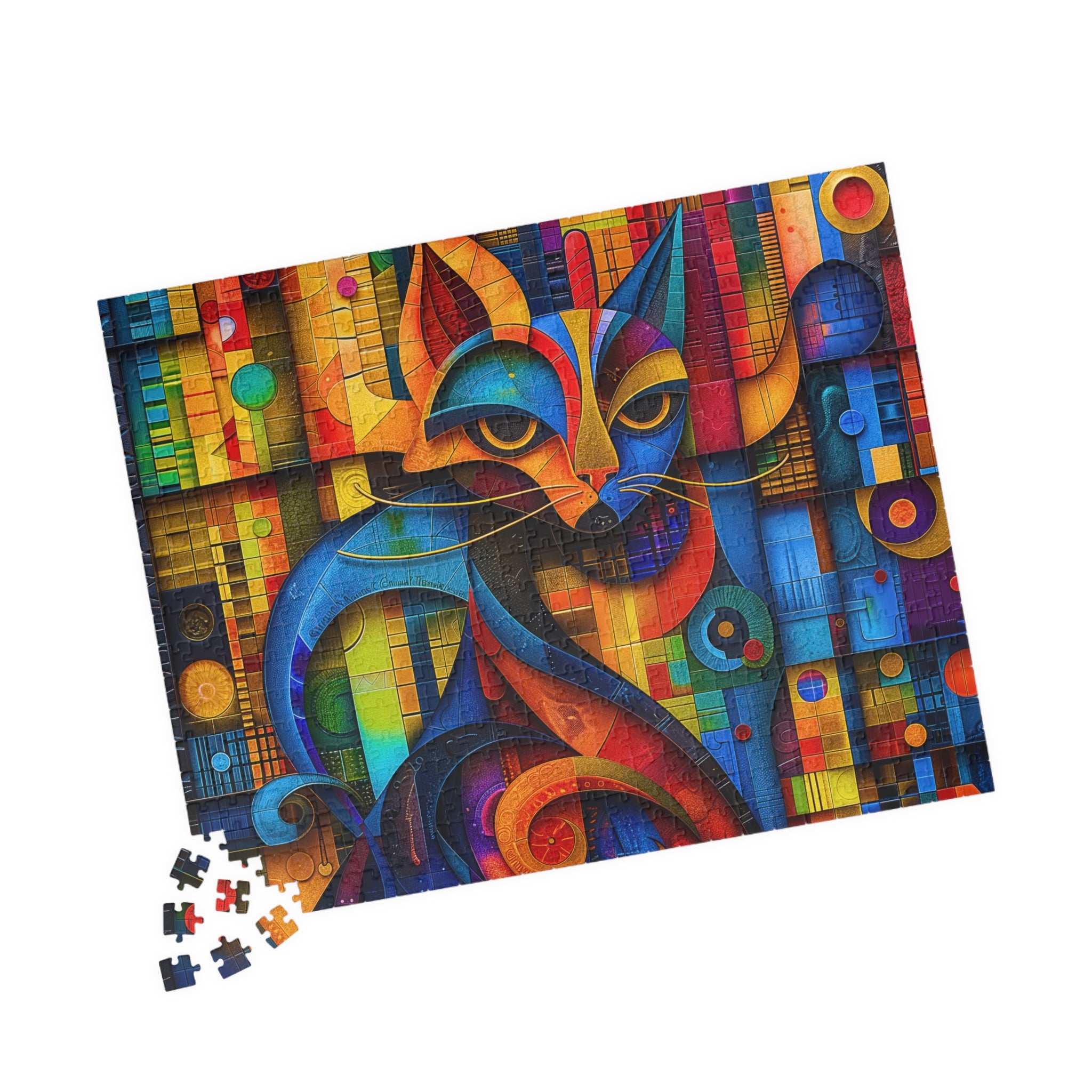 Completed Mr. Cat 520 Piece Art Puzzle by Printify, displaying a stunning geometric cat portrait with colorful patterns and shapes.