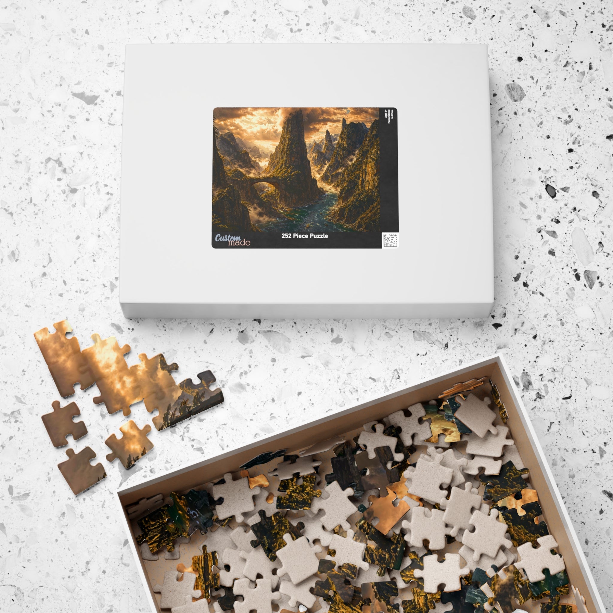 The packaging for the 252 Piece puzzle featuring a beautiful landscape, from the Lost World collection by Printify.
