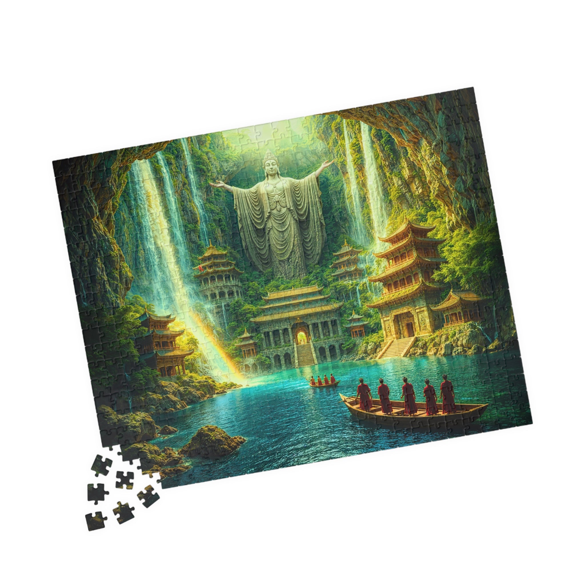 Cave Temple 520 Piece Art Puzzle featuring a breathtaking scene of a majestic sacred sanctuary in a lush waterfall canyon, crafted by Printify.