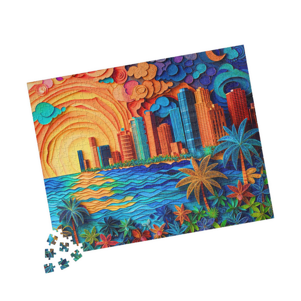 Completed Beach City 520 Piece Art Puzzle by Printify, featuring a stunning skyline sunset with colorful palm trees and ocean waves, perfect for puzzle lovers.