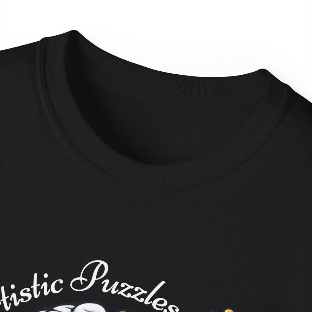 Close-up view of the collar and shoulder area of the Artistic Puzzles 'Piece By Piece' Signature Brain Tee by Printify, showcasing the ribbed collar and soft fabric.