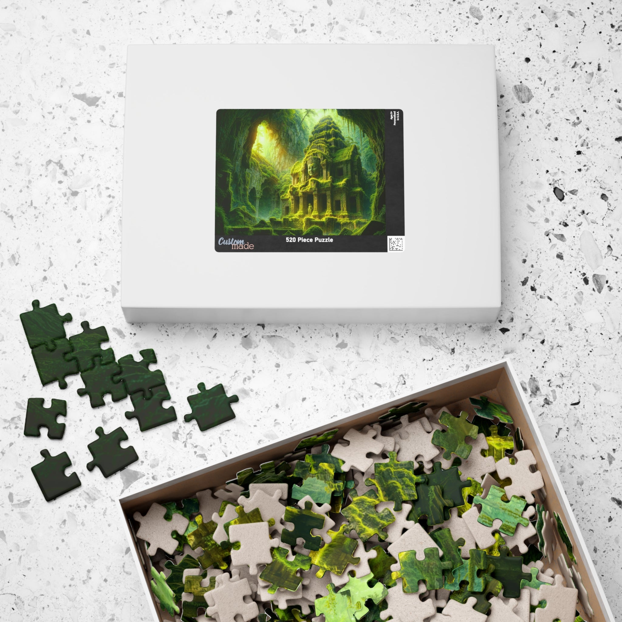 Puzzle box showcasing the Ancient Temple 520 Piece Art Puzzle by Printify, surrounded by scattered puzzle pieces.