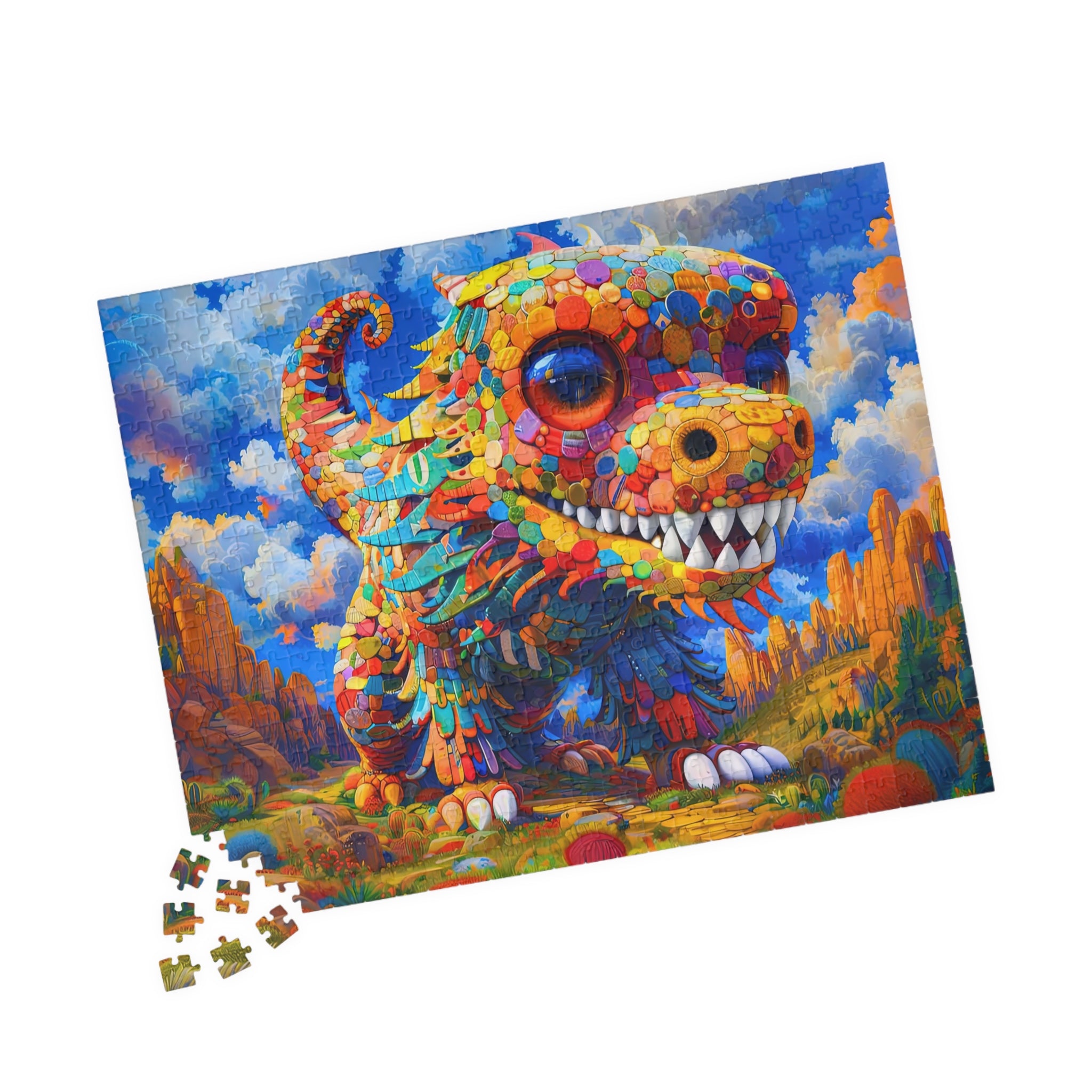Assembled Colorful Dog 520 Piece Art Puzzle by Printify with some pieces scattered around, highlighting its vivid design and artistic detail.