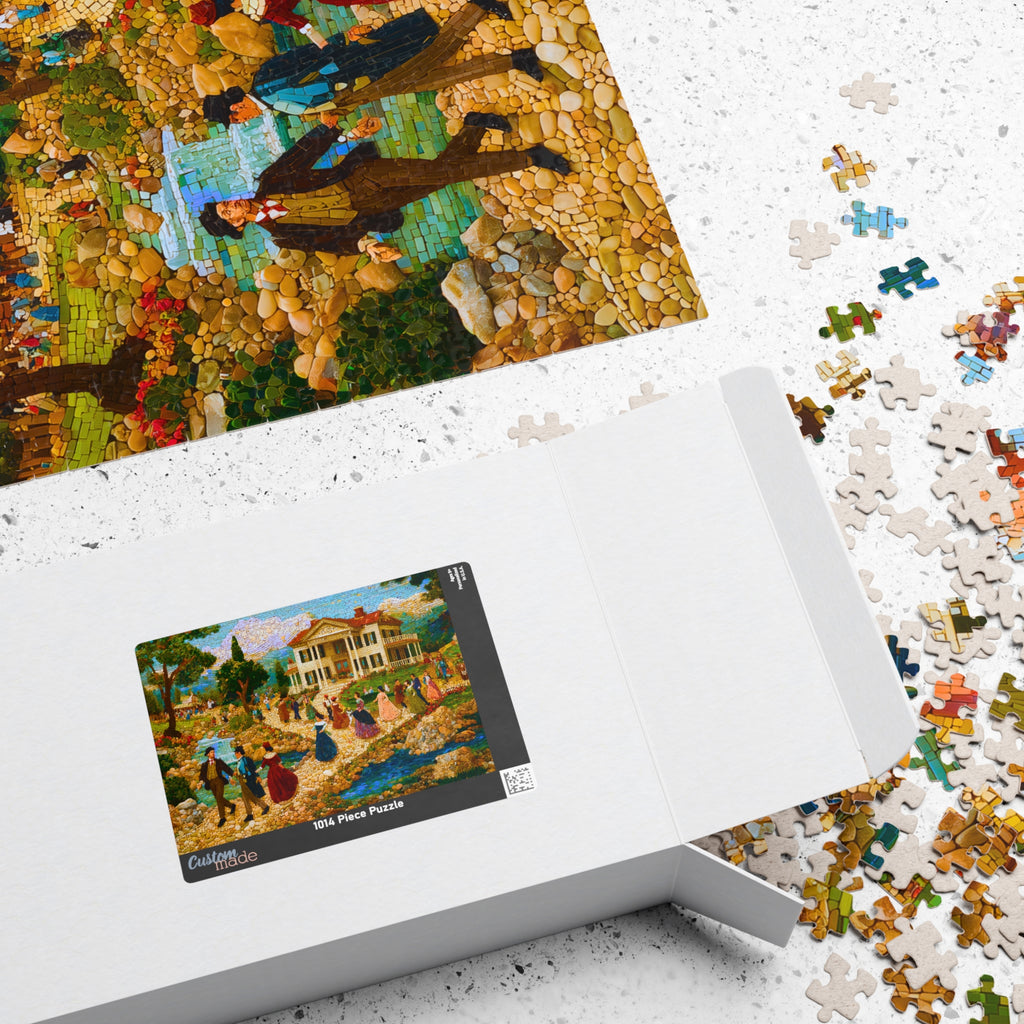 The Mosaic Picnic puzzle packaging open with a detailed view of the Victorian garden scene and scattered puzzle pieces, produced by Printify.