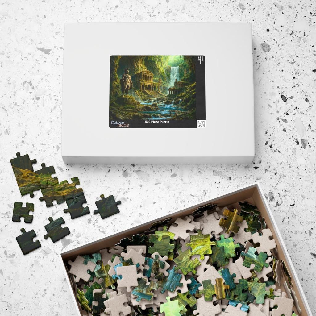 Box packaging of the Spartan Ruins 520 Piece Art Puzzle by Printify, with scattered puzzle pieces showcasing the intricate artwork.