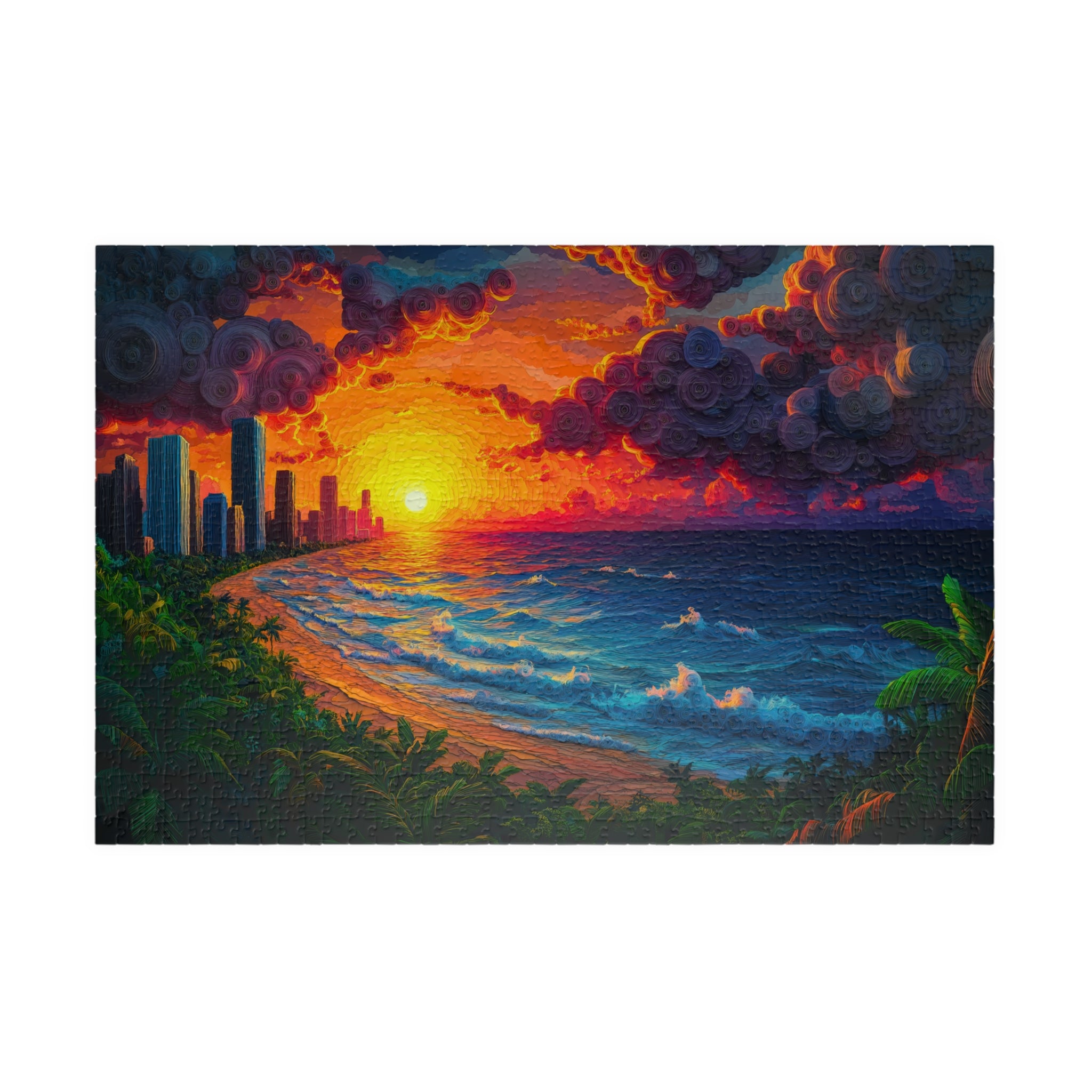 Dramatic ocean sunset art puzzle titled 'Swirling Sunset' by Printify, featuring a vibrant sky and swirling clouds over a beach with silhouetted city skyline.
