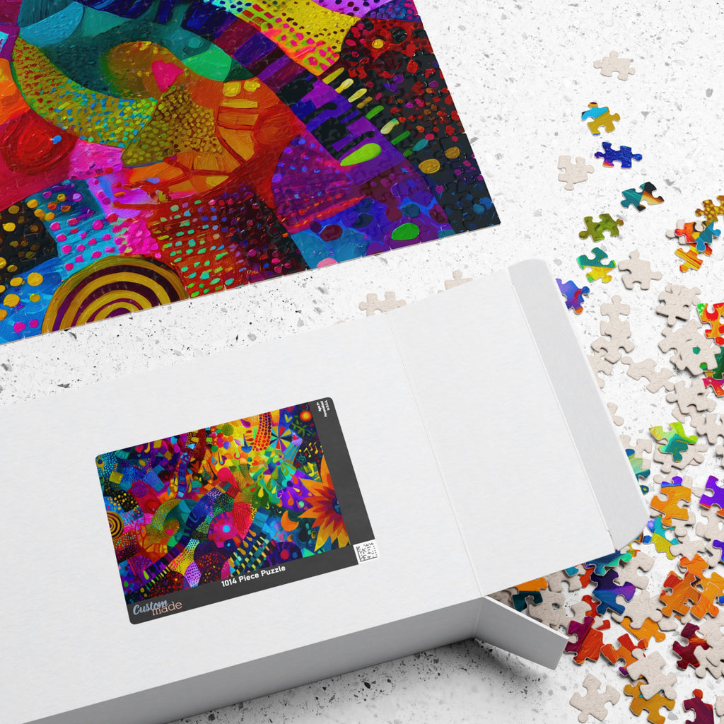 Packaging for the Impossible Abstract puzzle by Printify, featuring the colorful artwork on the box alongside scattered puzzle pieces.