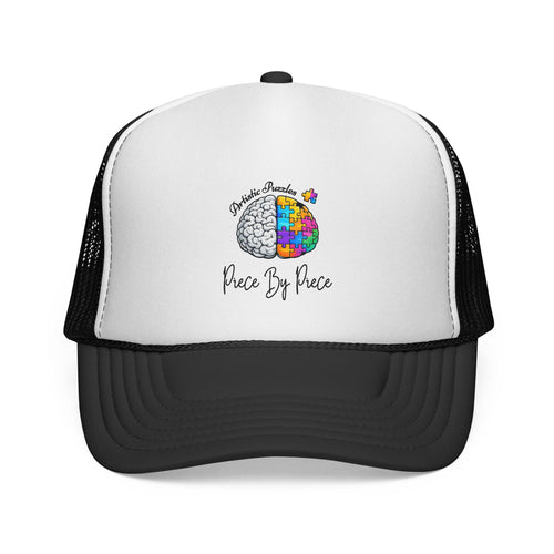 Artistic Puzzles 'Piece By Piece' Signature Brain Hat featuring a colorful split-brain logo design, perfect for stylish headwear - Printify.