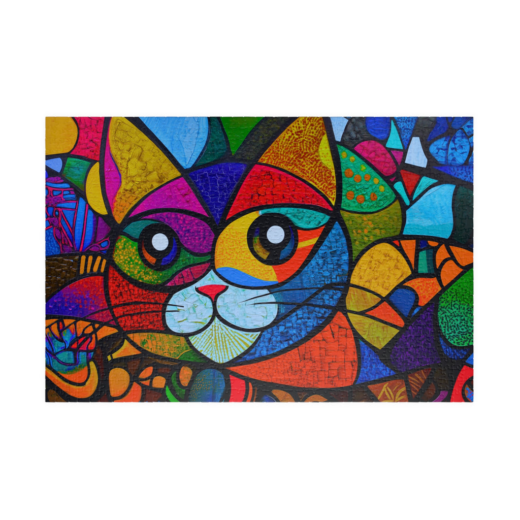 Colorful Cat jigsaw puzzle art image showcasing a vibrant geometric cat design by Printify. Ideal for art and puzzle enthusiasts.
