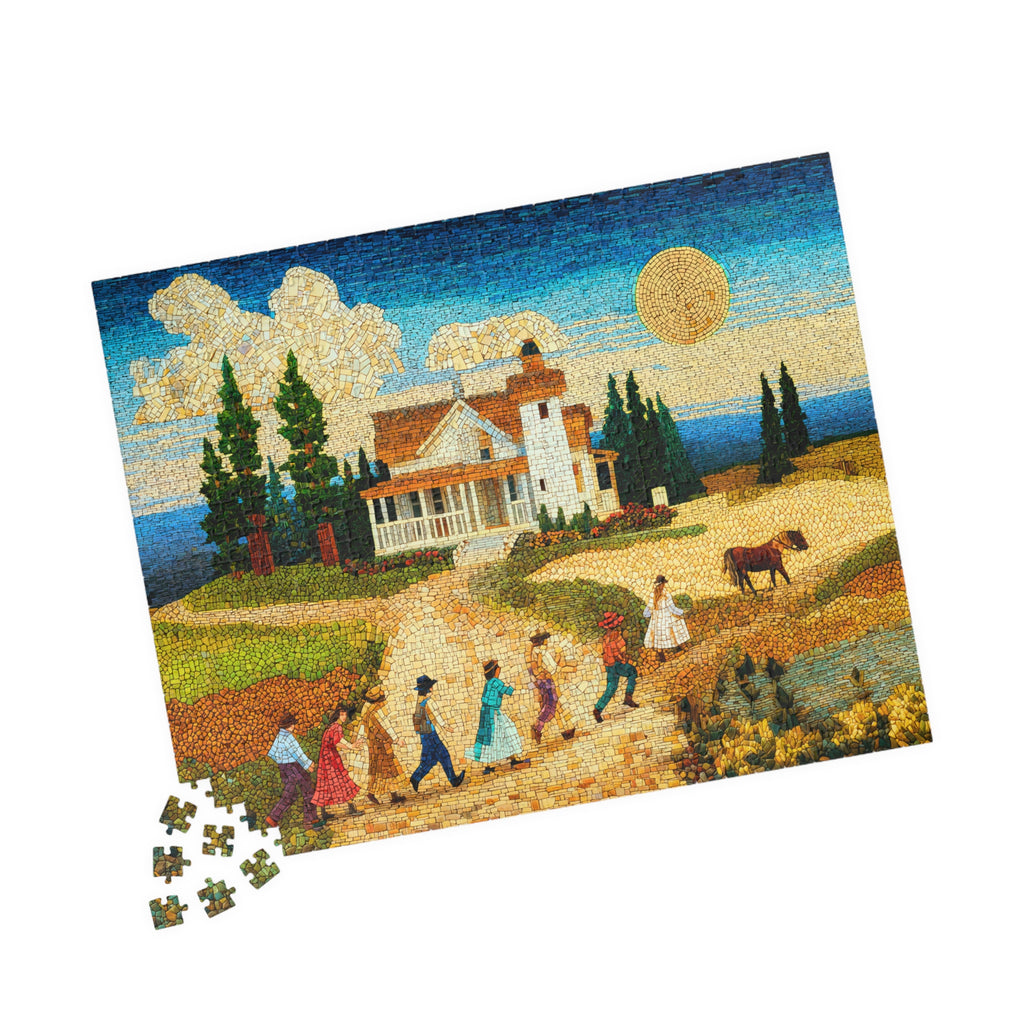 Mosaic Farm 520 Piece Art Puzzle partially assembled with scattered pieces showing a beautiful rural landscape and a farmhouse, by Printify.