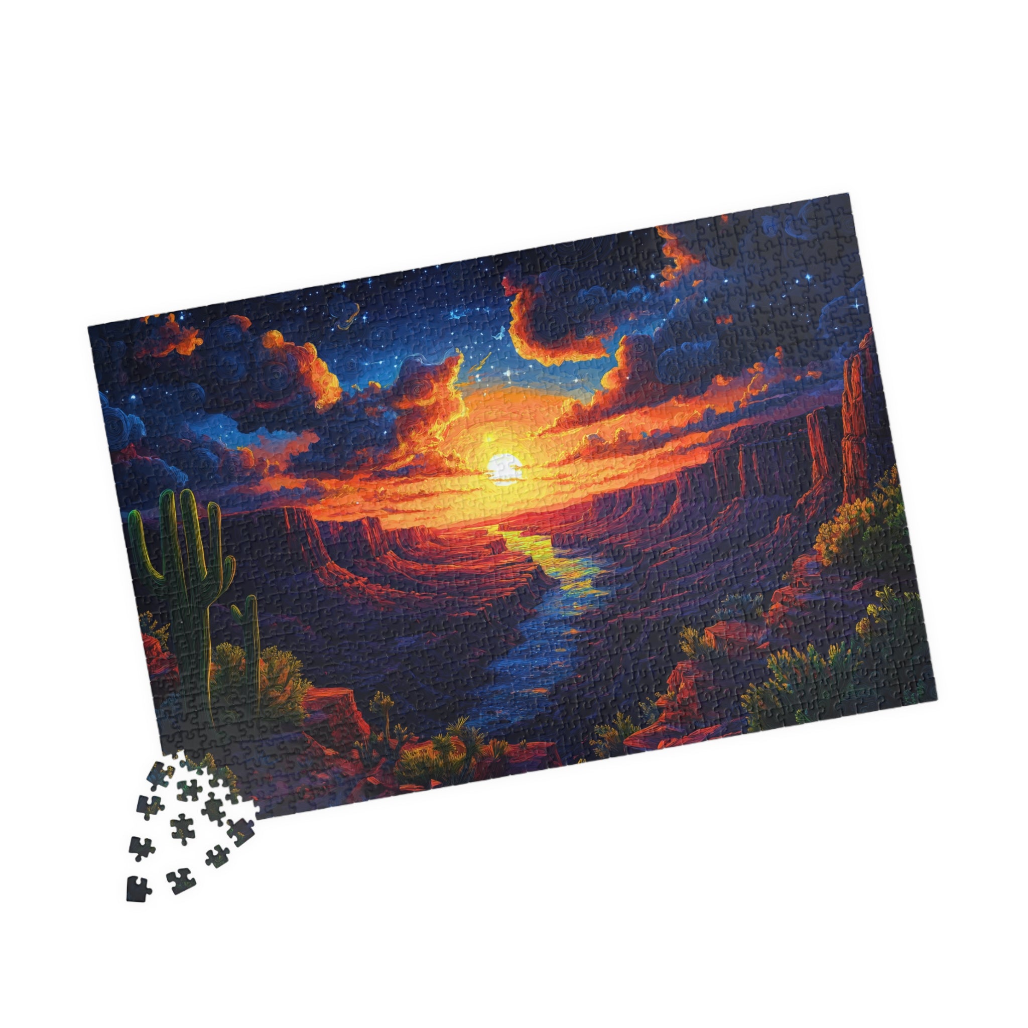 Arizona Sunset 1014 Piece Art Puzzle by Printify displayed with scattered puzzle pieces, highlighting the beautiful sunset and desert scenery.