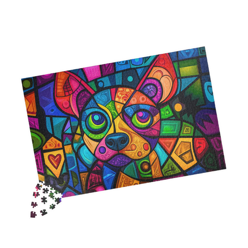Colorful Puppy 2 art puzzle by Printify, laid out with scattered puzzle pieces, highlighting its bright abstract dog design and playful colors.