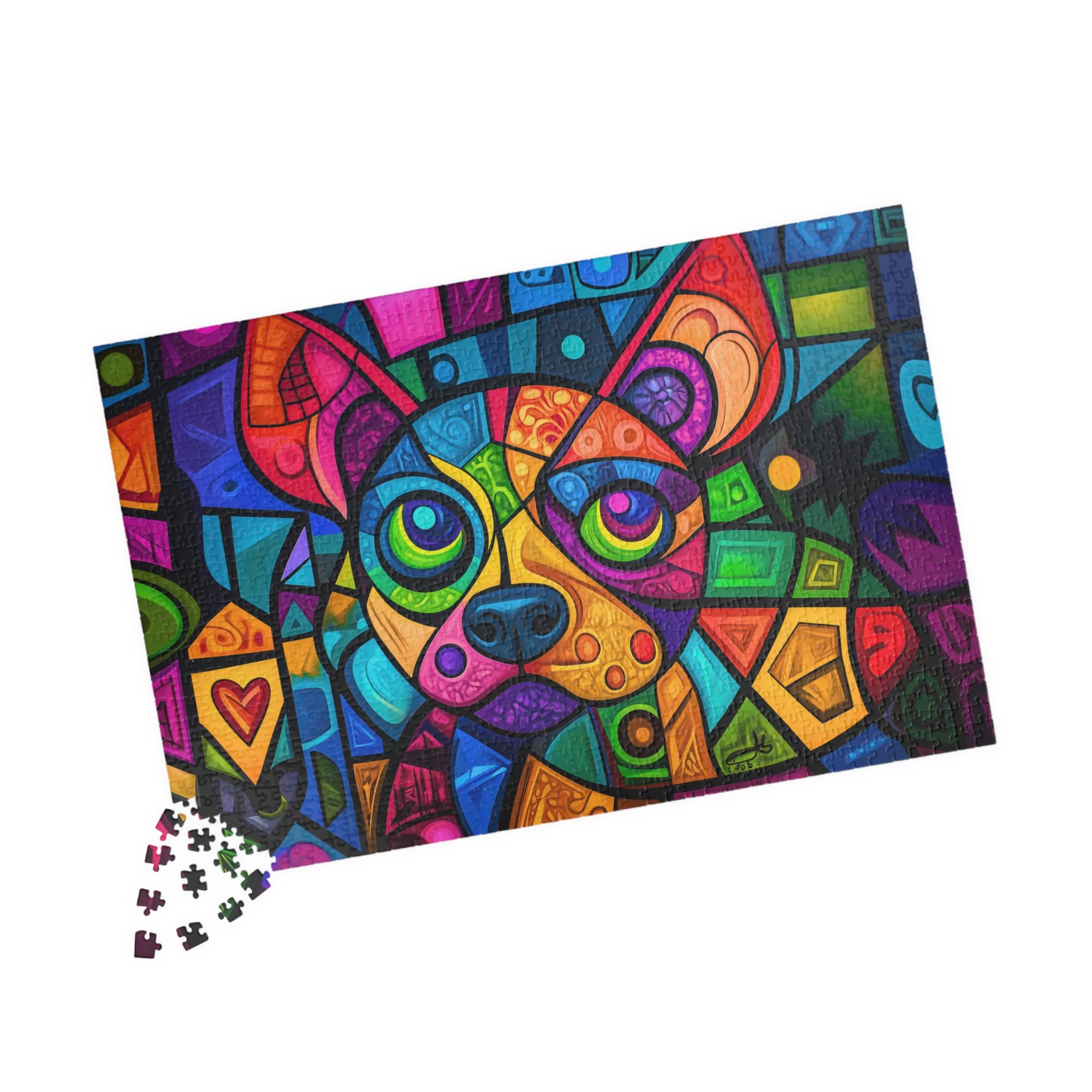 Colorful Puppy 2 art puzzle by Printify, laid out with scattered puzzle pieces, highlighting its bright abstract dog design and playful colors.