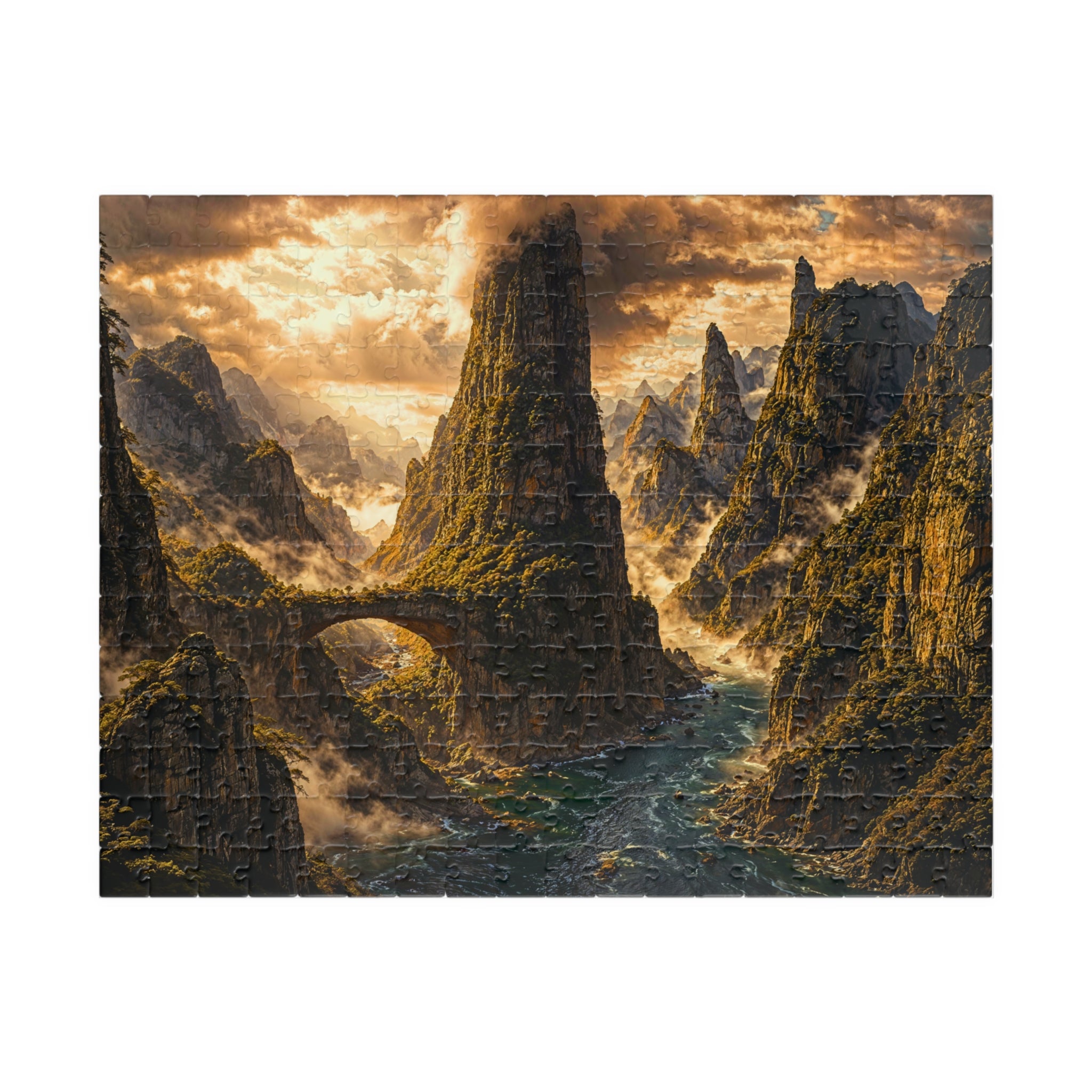 A scenic view of a dramatic landscape featuring towering spires and a winding river, showcasing the artwork of the Lost World 250 & 500 Piece Puzzle by Printify.
