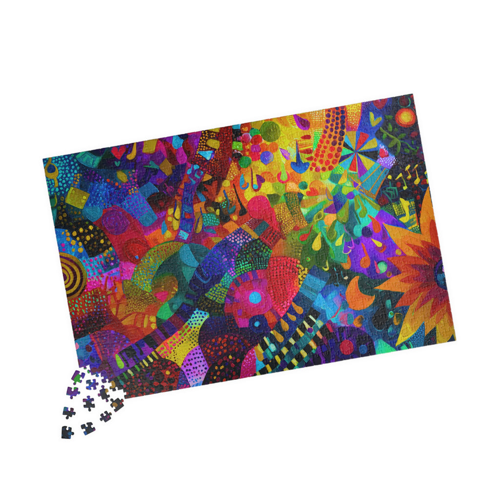 Scattered jigsaw pieces next to the vibrant Impossible Abstract puzzle by Printify, highlighting the colorful design and creative challenge.