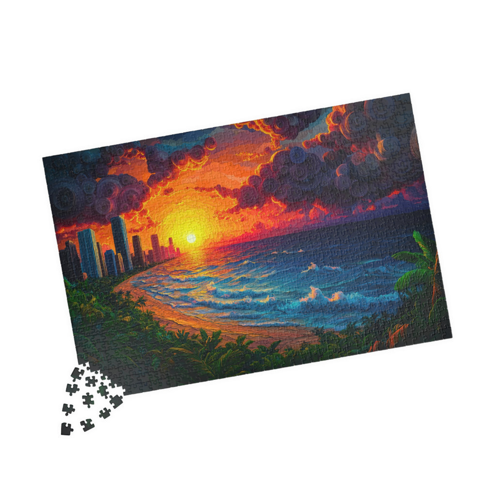 Completed Swirling Sunset 1014 Piece Art Puzzle by Printify featuring a dramatic ocean sunset and cloud formations.