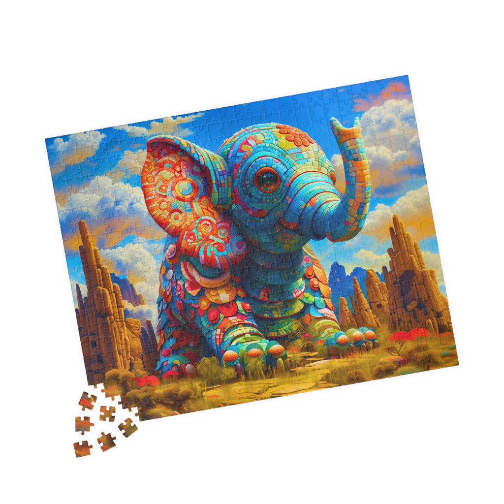 Colorful Elephant jigsaw puzzle by Printify with pieces scattered, highlighting the vibrant design and intricate details of the elephant.