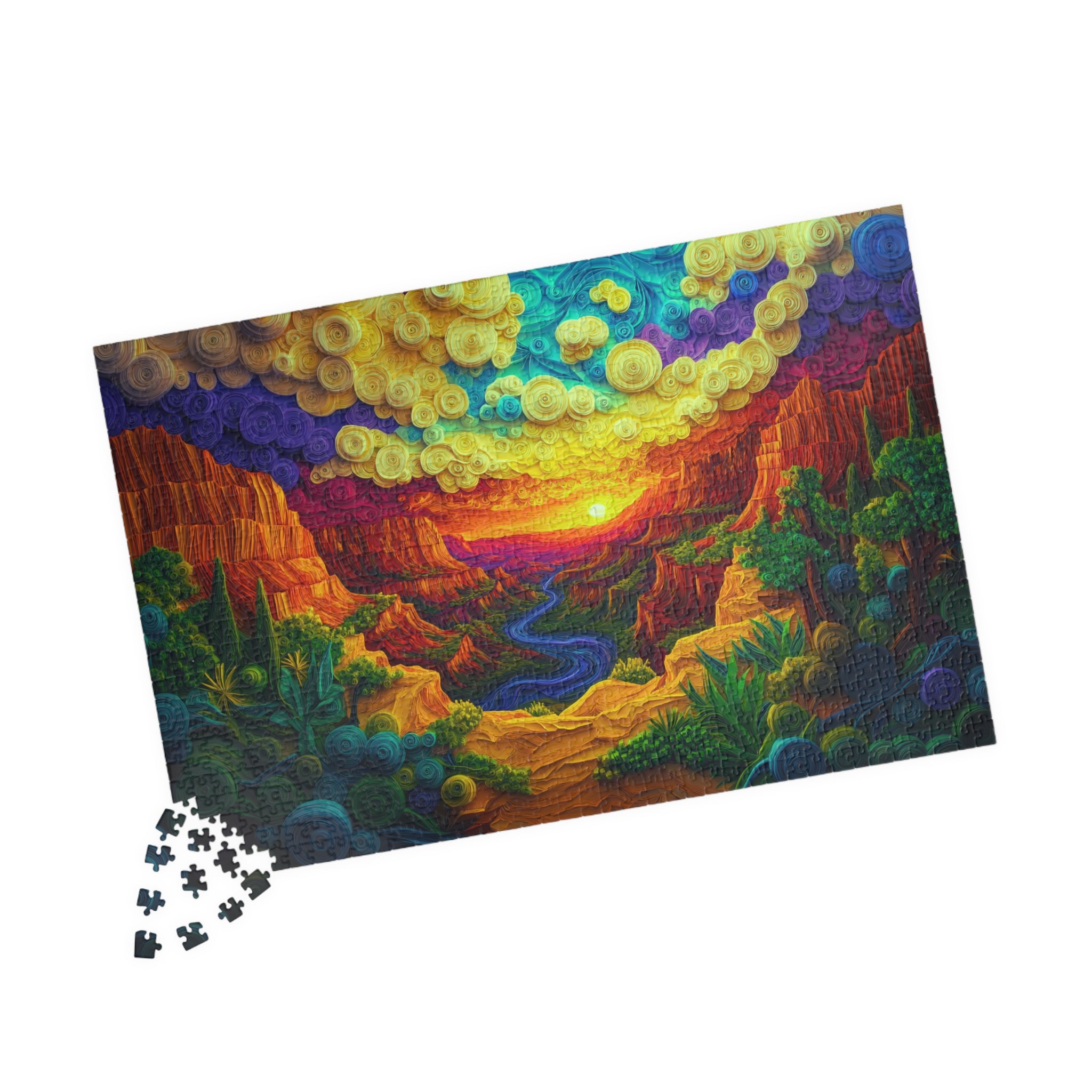 Partial view of the Colorful Canyon art puzzle with scattered pieces, presented by Printify. This vibrant sunset landscape panorama is perfect for puzzle lovers.