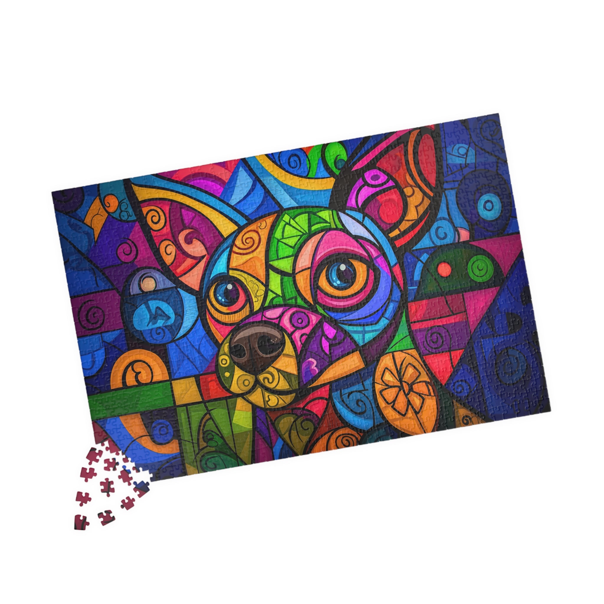 Colorful Puppy art puzzle featuring a vibrant abstract dog portrait with bold colors and intricate shapes, designed by Printify.