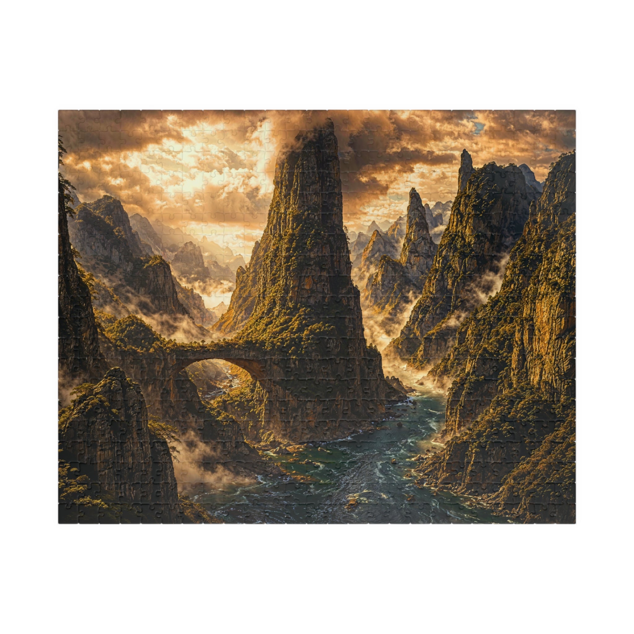 Close-up of a dramatic mountainous landscape with mist and a river, part of the Lost World 250 & 500 Piece Puzzle by Printify.