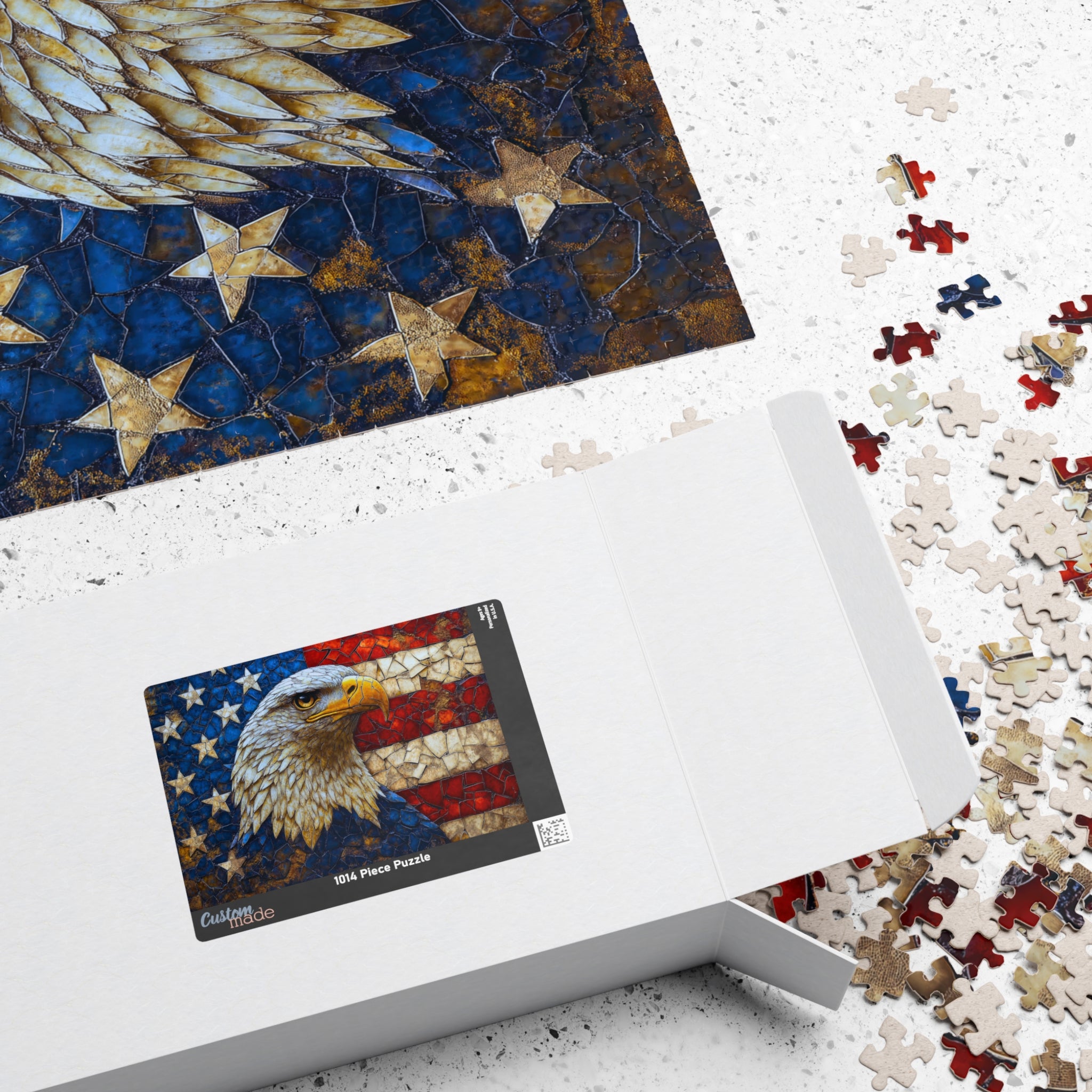 Packaging of the Mosaic Eagle puzzle by Printify, with a colorful depiction of a bald eagle and American flag design. Ideal for puzzle enthusiasts, this 1014 piece art puzzle offers a challenging and rewarding experience.