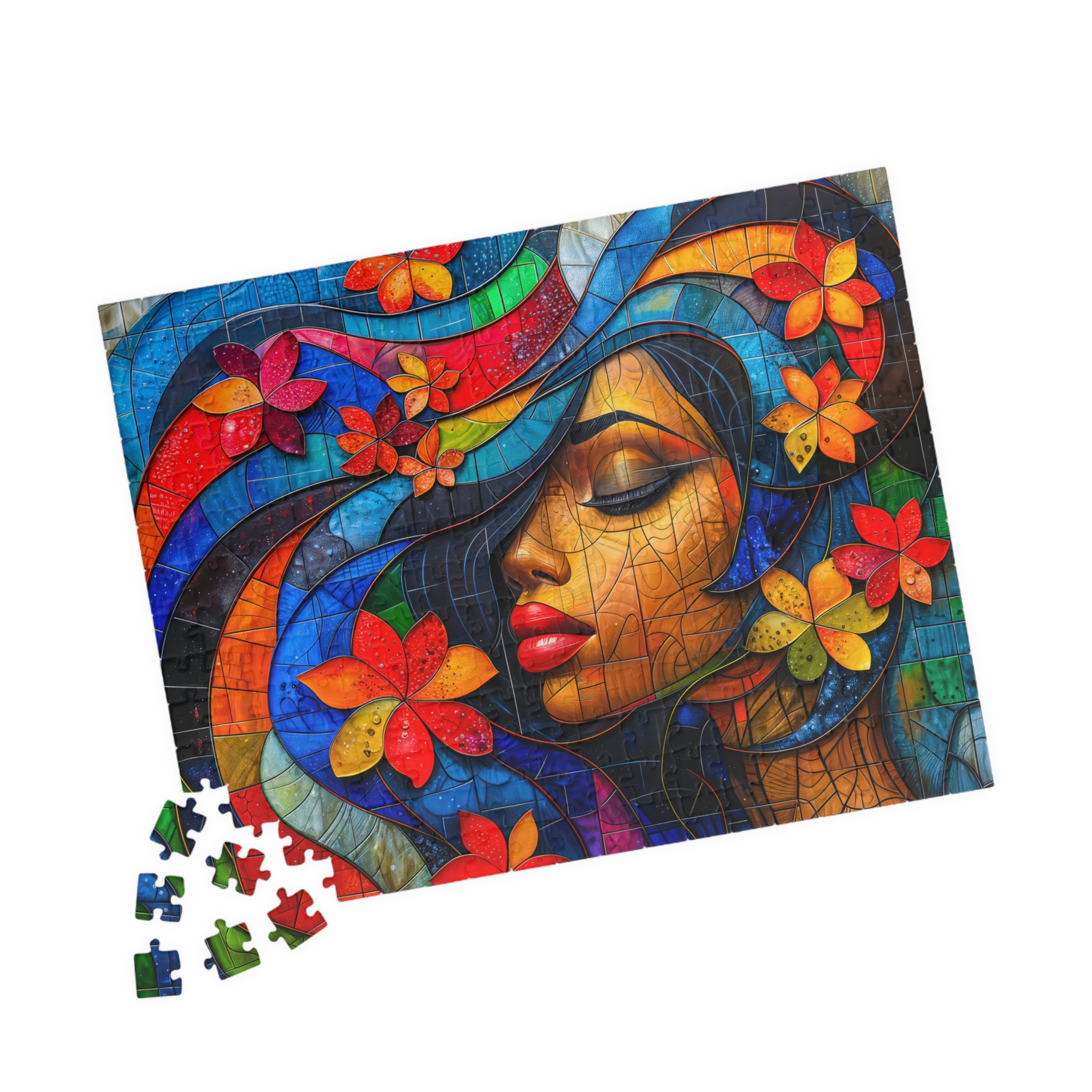 The Beauty Queen Art Puzzle by Printify with scattered pieces, featuring a bright and colorful modern portrait with flowers.