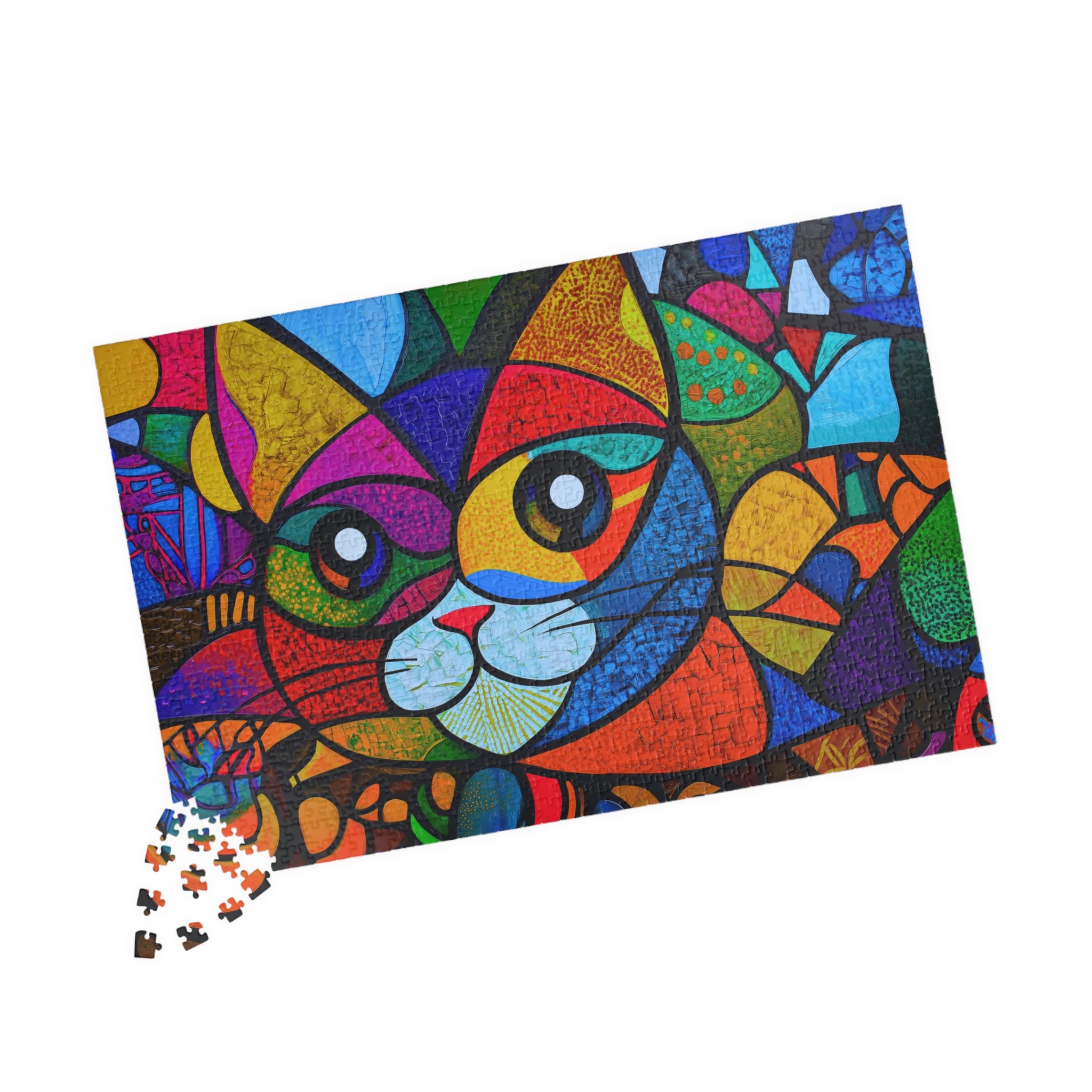 Full image of the Colorful Cat jigsaw puzzle with scattered pieces, highlighting its abstract design by Printify.