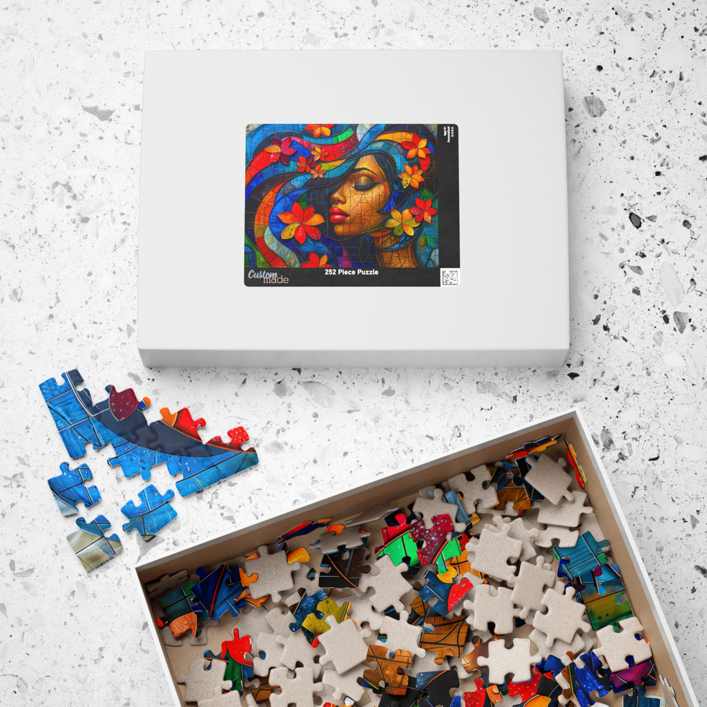 Beauty Queen 252 Piece Art Puzzle by Printify in its box with a beautifully printed image on the cover, showing the vibrant art design.