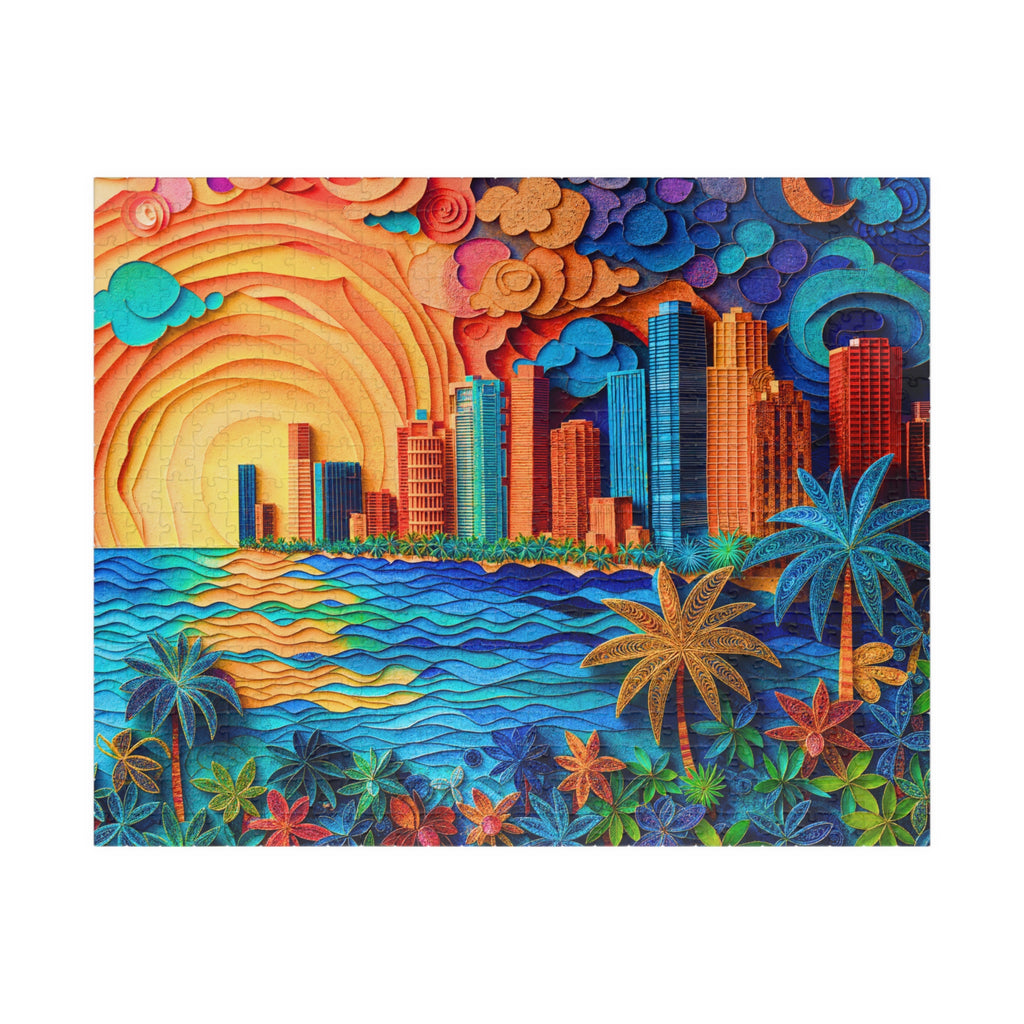 Vibrant coastal skyline sunset artwork from the Beach City 520 Piece Art Puzzle by Printify, showcasing a colorful modern cityscape against a glowing sunset.