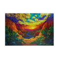 Colorful Canyon puzzle art featuring a vibrant sunset landscape panorama, created by Printify. This breathtaking image showcases layered textures and swirling clouds above a glowing canyon.