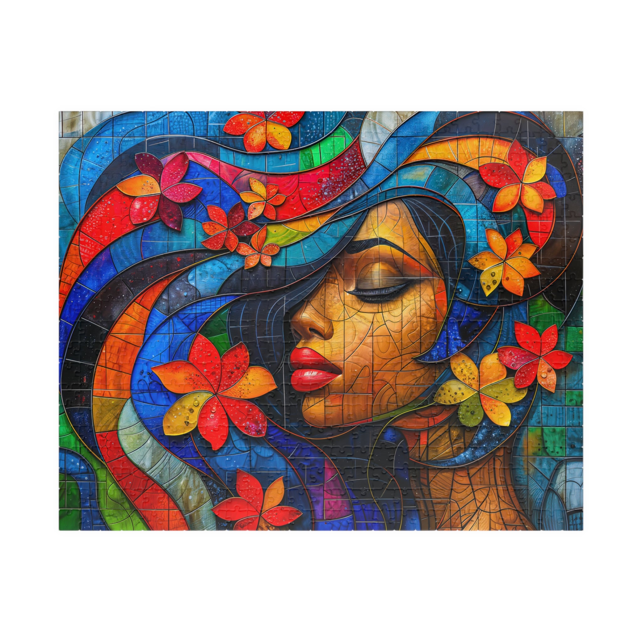 Detailed view of the Beauty Queen puzzle highlighting the vivid colors and floral elements by Printify, perfect for art lovers and puzzle enthusiasts.
