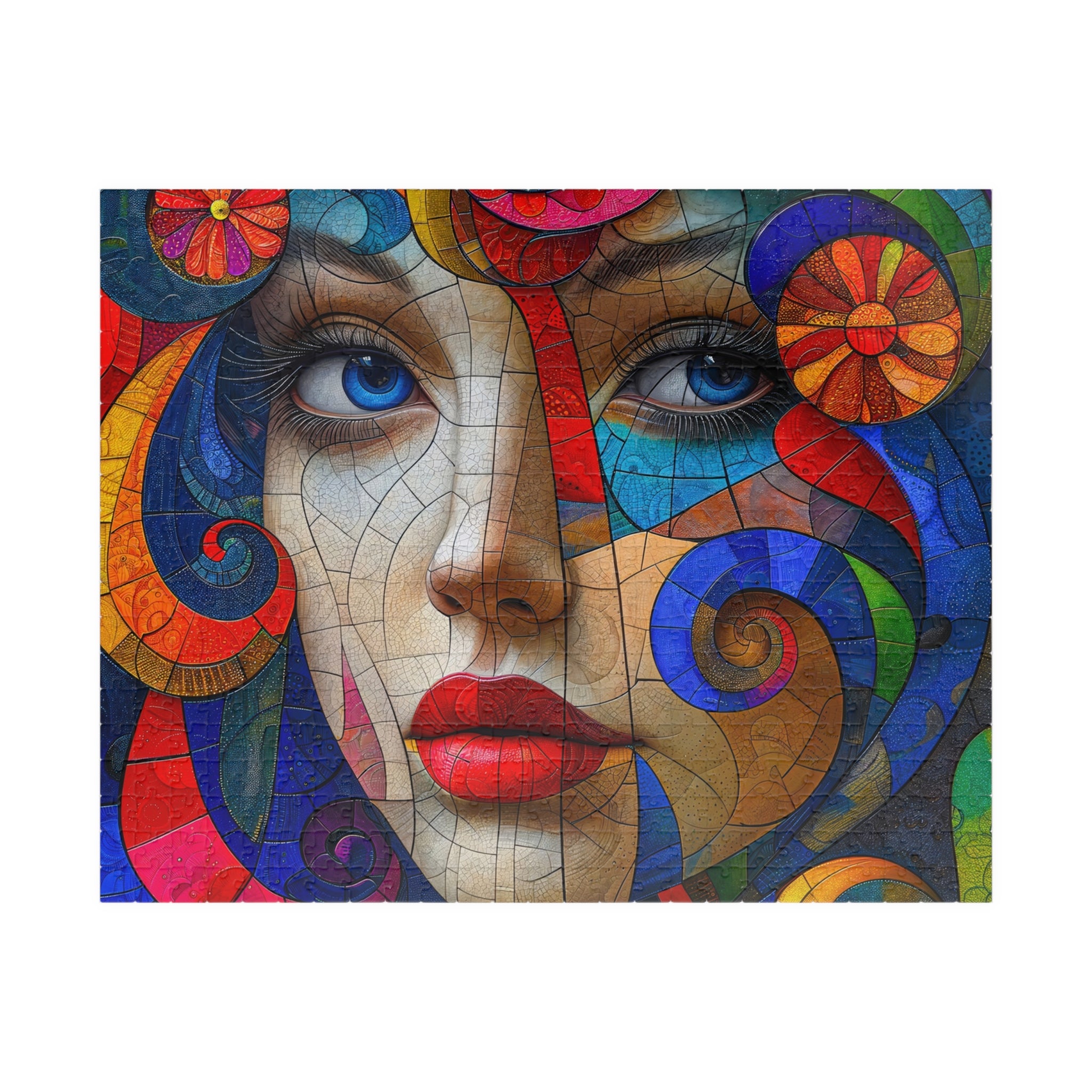 Stunning Blue Eyes Portrait art puzzle featuring a woman's face amidst colorful swirling patterns and textures, created by Printify. Perfect for puzzle lovers.