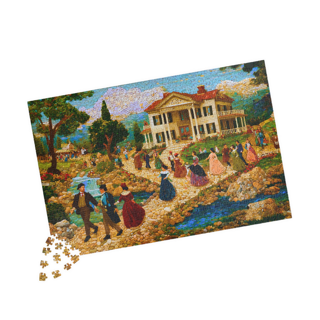 Mosaic Picnic puzzle spread out with some pieces next to it, showcasing the intricate Victorian garden scene, designed by Printify.