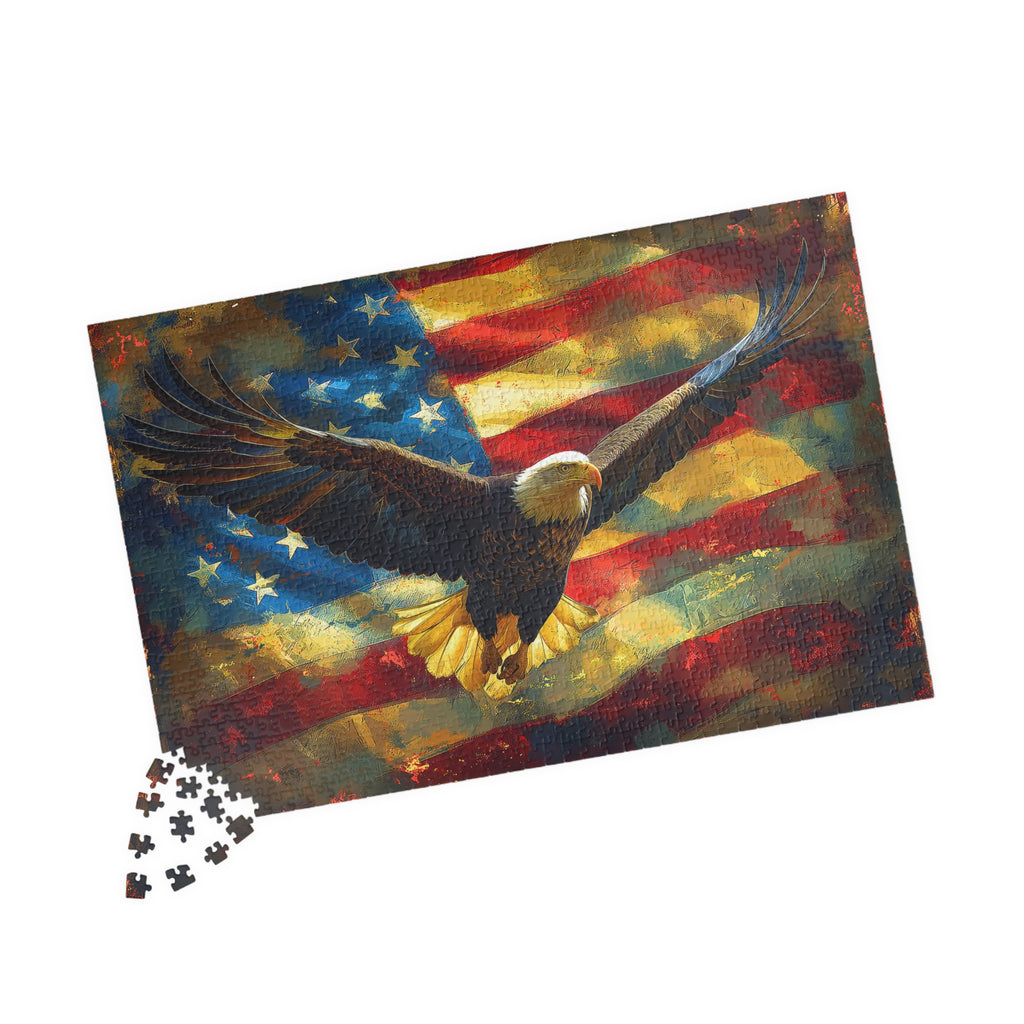 Full view of the 1014 piece jigsaw puzzle featuring a bald eagle and American flag design, created by Printify, titled 'Freedom — 1014 Piece Art Puzzle'.