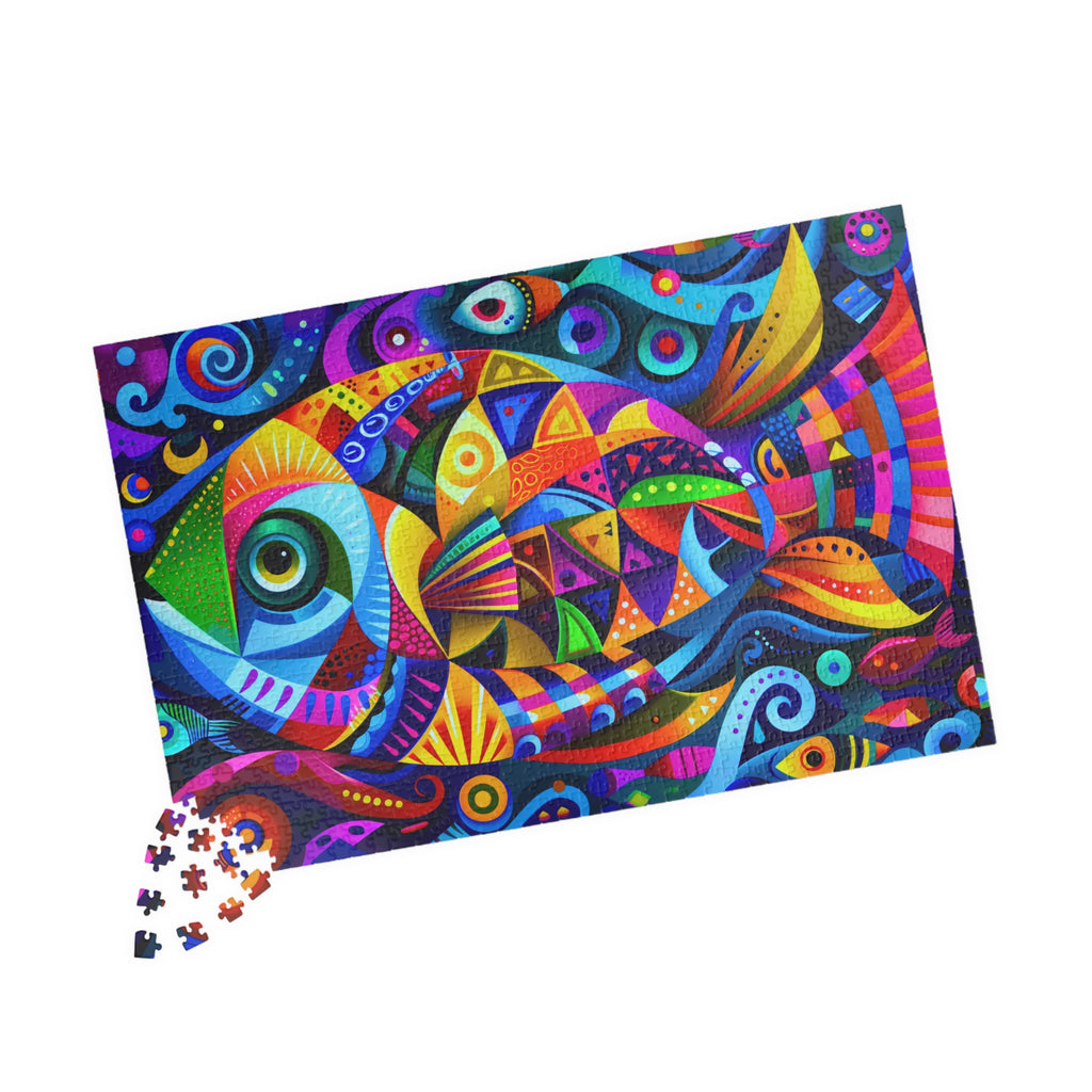 Art Deco Fish 1014 Piece Art Puzzle by Printify displayed with scattered puzzle pieces, highlighting vibrant colors and intricate geometric designs.