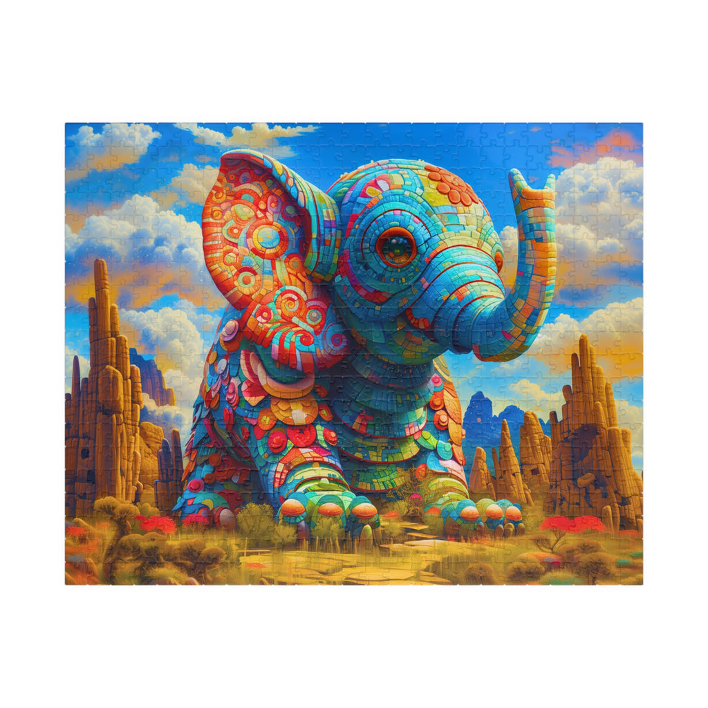 Colorful Elephant jigsaw puzzle by Printify, featuring a vibrant mosaic elephant in a dreamy desert landscape.