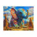 Colorful Elephant jigsaw puzzle by Printify, featuring a vibrant mosaic elephant in a dreamy desert landscape.