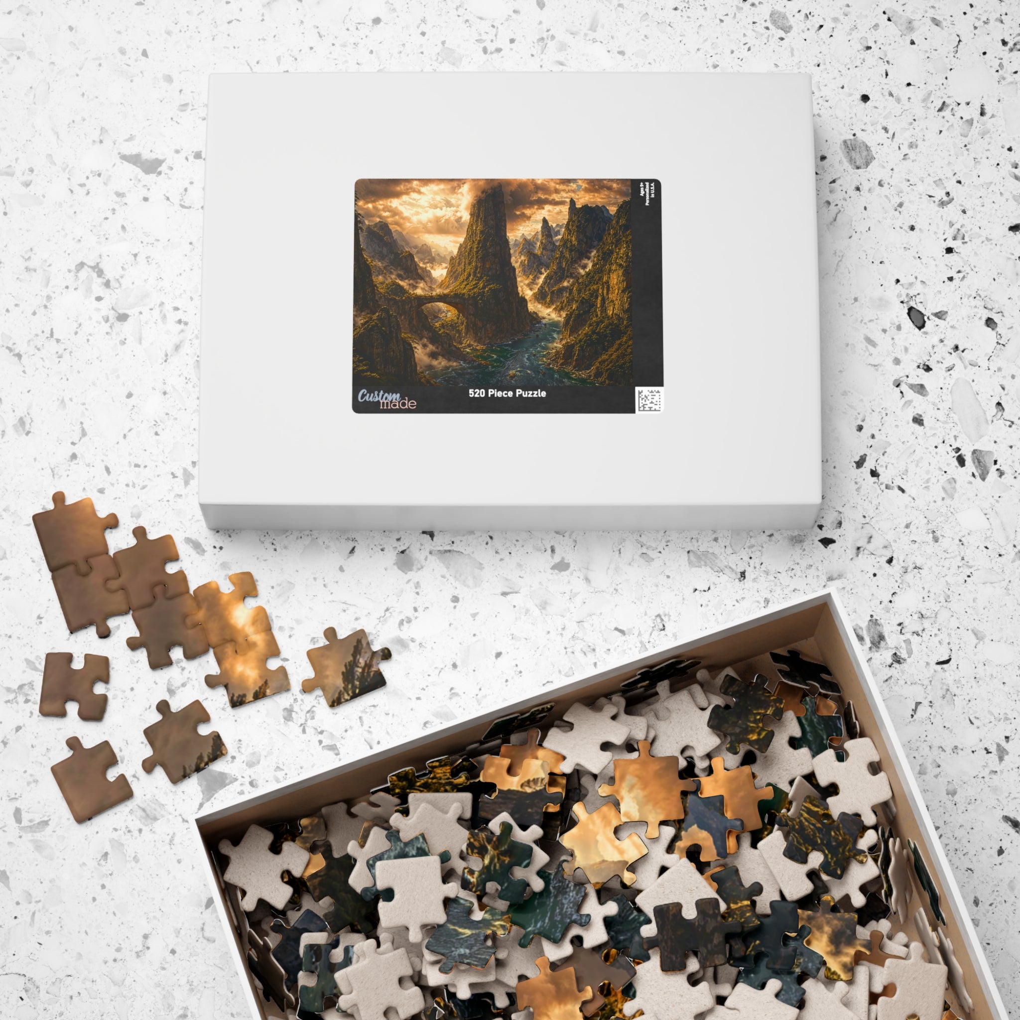 The box of the 520 Piece puzzle displaying a vibrant landscape design, part of the Lost World collection by Printify.