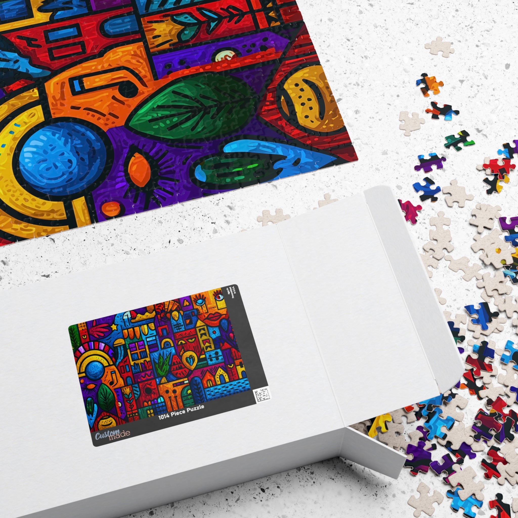 Packaging of the Abstract Blocks 1014 Piece Art Puzzle by Printify, showcasing a detailed image of the puzzle design with scattered puzzle pieces.