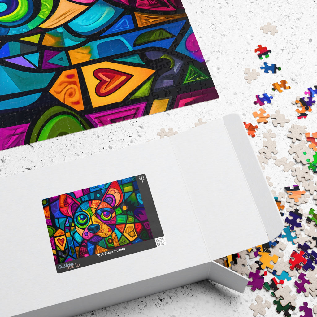 Colorful Puppy 2 art puzzle by Printify, featuring a vibrant abstract dog portrait surrounded by puzzle pieces on a light surface.