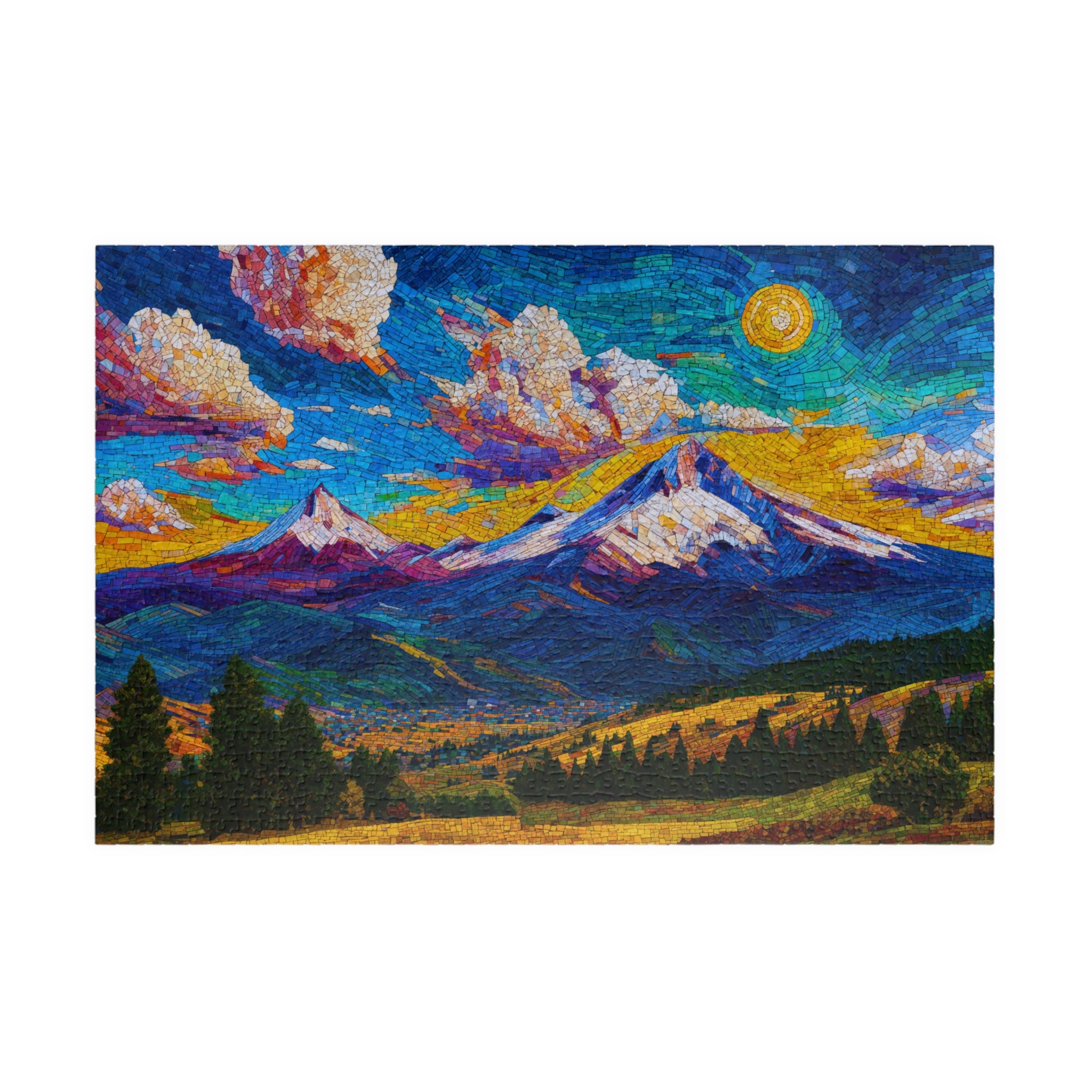 Vibrant mosaic alpine landscape from the Mountain Paradise puzzle by Printify, featuring towering peaks, colorful skies, and intricate details that capture the majesty of nature.